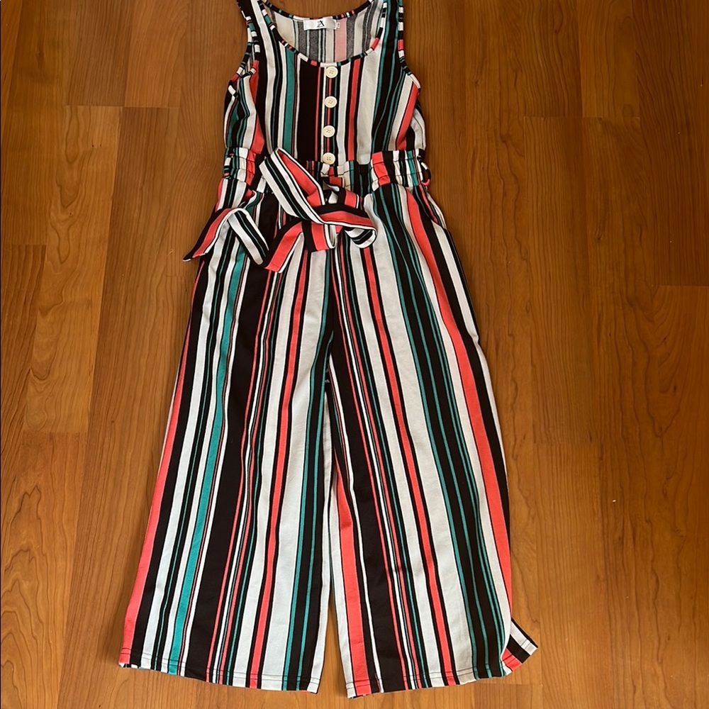 Striped Wide-Leg Jumpsuit in Coral, Teal & Black